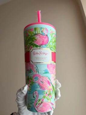 Lilly Pulitzer Flamingo Tumbler 24oz NWT Pink Green Preppy Beach Cup w/ Straw